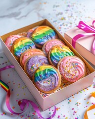 LGBTQ+ concept. Cookies in rainbow colors and gift box.
