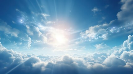 Beautiful aerial view above clouds with sun ray