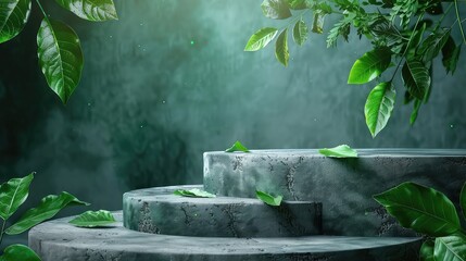 Green leaves and stone slabs product display, white podium and platforms,