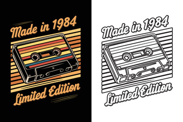 2024 cassette tape old school retro vintage vector design, made in 1984