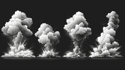 VFX smoke puffs, cartoon explosion effects, and energy explosion illustrations