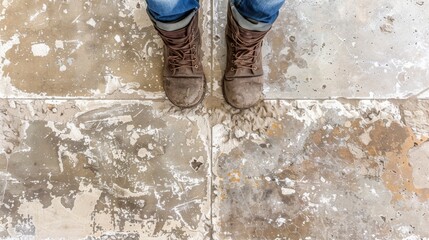  A person stands on a tile floor, wearing blue jeans for their lower body and brown boots for their feet