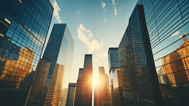 Skyscrapers in New York City at sunset