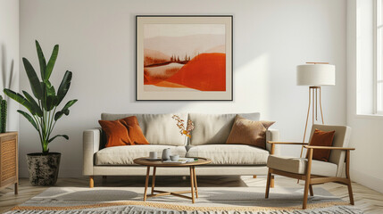 A contemporary living room setting featuring a well-framed artwork, enhancing the overall ambiance.