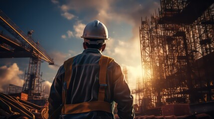 Engineer or foreman working on construction site at sunset time