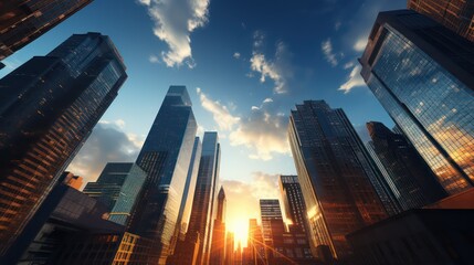 Modern skyscrapers in the city at sunset