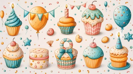 Isolated modern illustration icons set of cartoon birthday party decorations, gifts, cupcakes, candy, balloons and carnival celebration food. Set of cartoon birthday party decorations and colorful