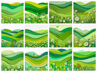 a green mountains wildflower paper cutout hills mountain flower valley collage mosaic sky flowers hill collection wildflowers spring season artwork style fashion pattern tile layout design