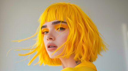 A woman with yellow hair and makeup. Concept of confidence and boldness, as the woman's bright hair and makeup draw attention to her face. Shaggy lob haircut with fringe in a gray Background