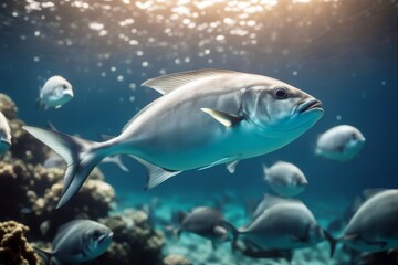 Naklejka premium 'school trevally fish underwater water sea blue ocean diving aqualung deep reef sun shoal coral marin nature light under sunlight abstract diver tuna tropical texture'