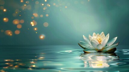 zen lotus flower glowing on tranquil bluegreen water with copy space spa massage therapy background serene nature illustration