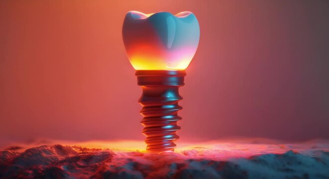 Colorful glowing dental implant with abutment and artificial crown installed in jaw. Concept Dental Implants, Abutment, Artificial Crown, Glowing, Colorful