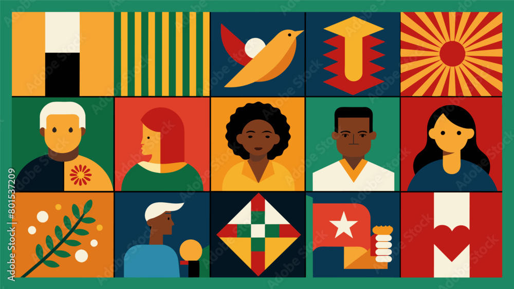Poster a patchwork of quilt squares each representing a different aspect of the juneteenth story from resis