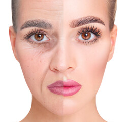 Beautiful woman face before and after rejuvenation.