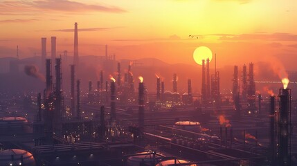 sprawling oil refinery complex with towering storage tanks at sunset 3d illustration