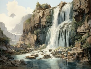 Majestic waterfall cascading through rugged cliffs