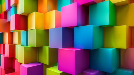 Obraz premium A colorful wall made of blocks in various colors. The blocks are arranged in a way that creates a vibrant and lively atmosphere. Superimposed of colorful boxes. wall stack of square multicolor box
