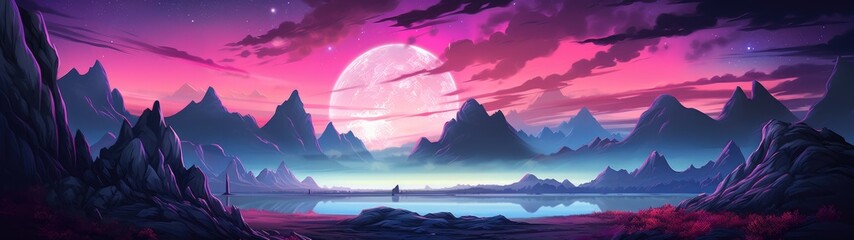 Serene alien landscape with glowing moon and mountains