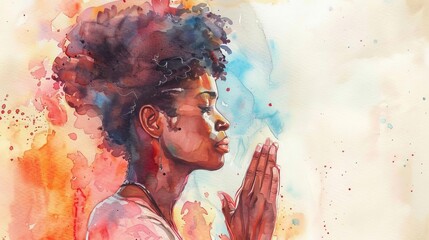 stunning african american woman praying side profile watercolor illustration