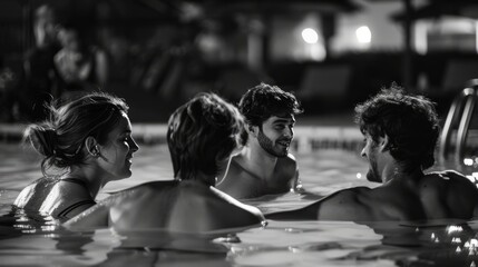friends relaxing in the swimming pool, enjoying love, hot summer day, gay