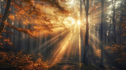 sun rays piercing through autumn morning forest atmospheric landscape photography