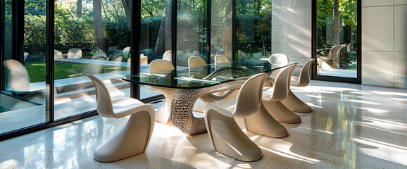 A contemporary dining area with a glass-topped table and sculptural chairs, set against a backdrop of floor-to-ceiling windows.
