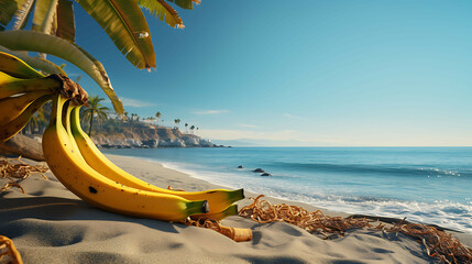 A banana peel lying on the beach, with a few bananas nearby, and a palm tree leaning in, as if...