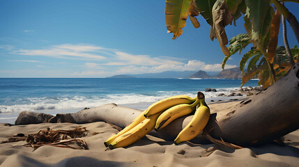 A banana peel lying on the beach, with a few bananas nearby, and a palm tree leaning in, as if...