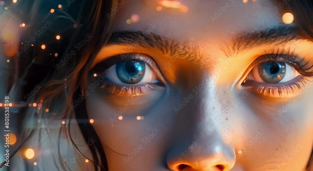 Poster digital image of womans face with biometric data and ai technology. concept facial recognition, biom