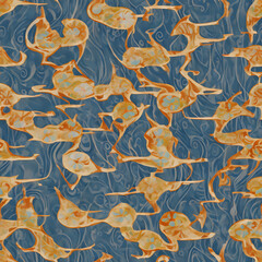 Japanese style golden abstact freeform on blue water wave seamless pattern.