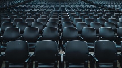 symmetrical rows of empty black seats in modern sports stadium arena