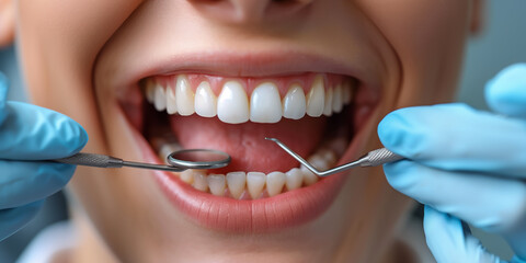 Fototapeta premium Teeth close up. Dentist looking at patient's teeth in dentist's office.