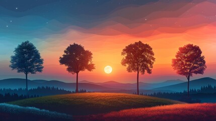 Modern illustration of a country landscape in various stages of the day. Sunrise, noon, sunset and night in various phases of the day. Hills, trees, moon with stars, and sun setting.