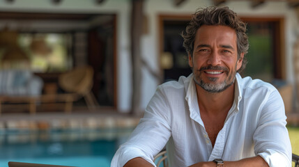 A man with a white shirt is smiling. He is sitting by a pool. Scene is happy and relaxed. Slim man in his mid 40s of italian ancestry, clean shaven, smiling and happy wearing plain