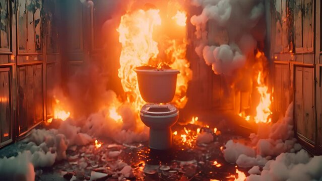an office toilet cubicle in flames after being hit by a tank shell.generative ai