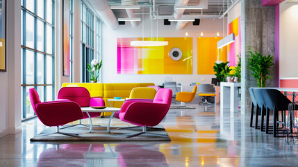 A colorful, contemporary office space with pops of bright pink and yellow against a backdrop of...