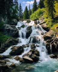 Cascading waterfall in lush forest landscape