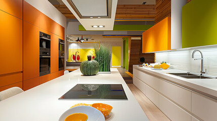 A colorful, contemporary kitchen with a sleek, white countertop and pops of bright yellow and...