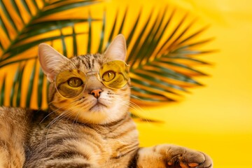 Cat in sunglasses relaxing on yellow background.
