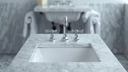 A clean white marble countertop in the bathroom. The background is a blurry washbasin, faucet, and towel