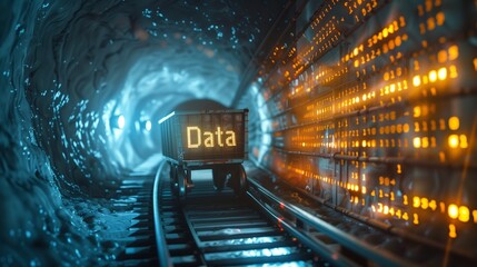 An illustration of data mining and collection processes, showcasing digital information being extracted, analyzed, and stored for big data analytics and insights.