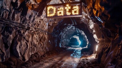 An illustration of data mining and collection processes, showcasing digital information being extracted, analyzed, and stored for big data analytics and insights.