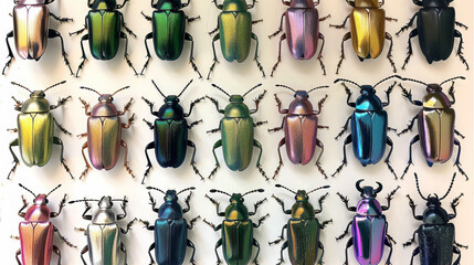 A grid of various colored iridescent shiny jewel beetle illustrations on a white background.