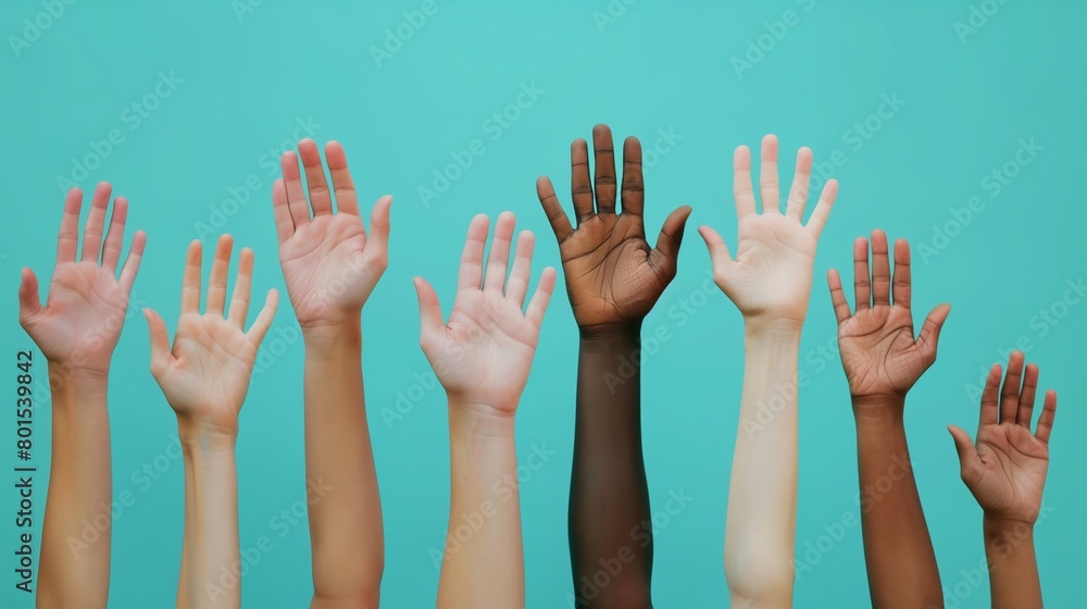 Poster an image showcasing a concept of unity and diversity, featuring multiple hands of different skin ton