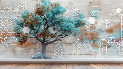 3D mural with an ethereal tree on oak, white lattice, and a mix of colorful hexagons.