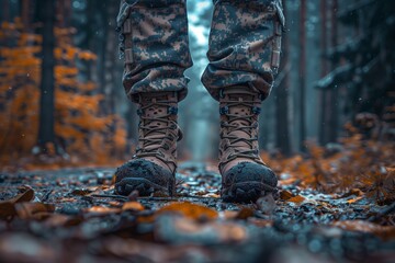 Close-up of military boots on autumn forest floor