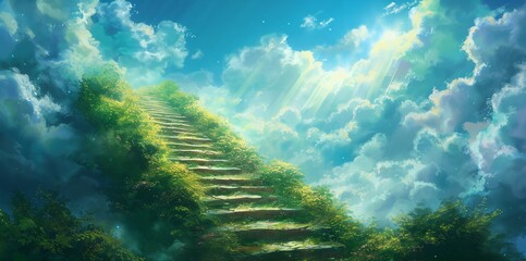 a painting of a stairway leading to the sky with clouds and sun beams above it