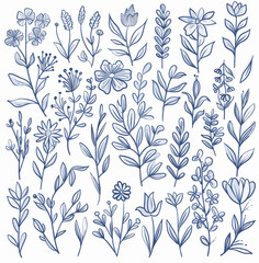 a bunch of blue flowers and leaves on a white background