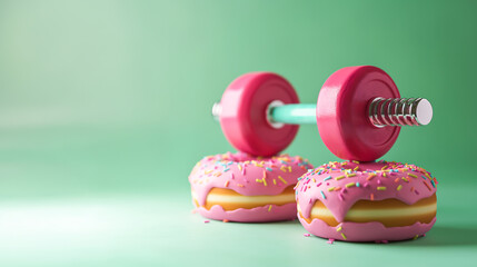 Pink dumbbell with donuts on a green background. Diet, Exercise and healthy concept
