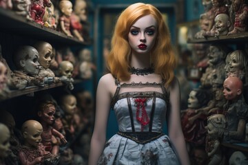 Haunting Doll Display in Vintage Antique Shop